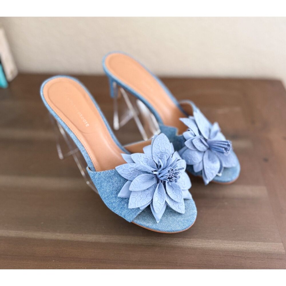 By Anthropologie 3D Blue Denim Floral Kitten Heels size 38 / US 7.5 fit